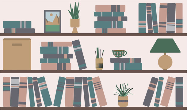 Pink wall with books shelves. Home plant near stacks of literature, box, lamp and picture of mountains. Cup of coffee graphic design in home library or bookstore interior.