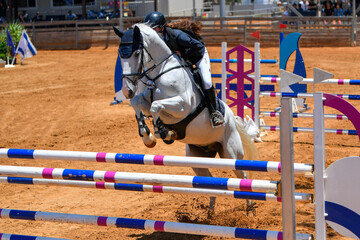 Rider on horse jumping over a hurdle during the equestrian event	
