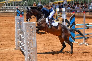 Rider on horse jumping over a hurdle during the equestrian event	
