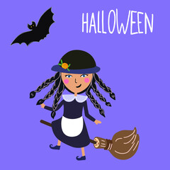 Halloween, cute witch, girl, child, witchcraft, little witch on a broomstick, bat, autumn colors, witch hat.