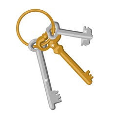Gold and Silver Keys on the Ring. Set of Hand Drawn Vintage Keys. Isolated Vector Illustration