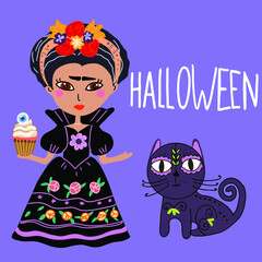 Halloween, cute witch, mexican cat, death day, mexico, cupcake with an eye, witchcraft, girl, child, witchcraft, little witch on a broomstick, autumn colors.