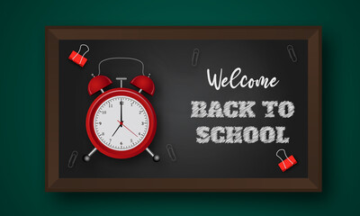 Back to school vector banner design with school items, alarm clock and welcome back to school greeting text in blackboard background. Vector illustration. 