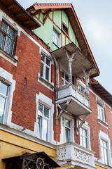 Zelenogradsk, Russia, June 28, 2021. Architectural ensemble of Kurortniy avenue. Fragment of facade