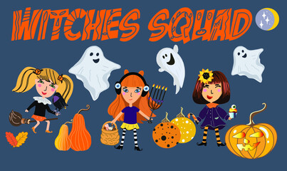 Three cute witches with Halloween symbols - pumpkin grin, menorah, raven, ghosts, candy basket, broom, witchcraft, raven.