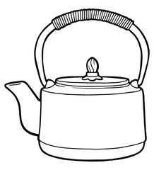 Cast iron teapot. Dishes for the Chinese tea ceremony. Coloring page. Black outline. 