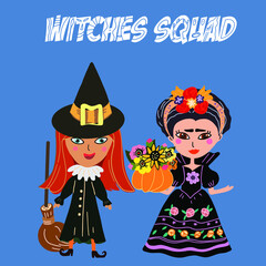 A squad of cute witches, Happy Halloween, two witches, pumpkin with a bouquet, blooming, sunflowers; roses, trick or treat, witchcraft