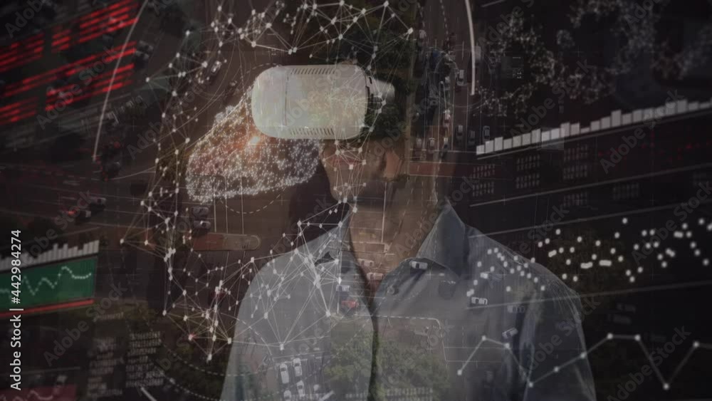 Poster animation of data processing and digital cloud over man wearing vr headset