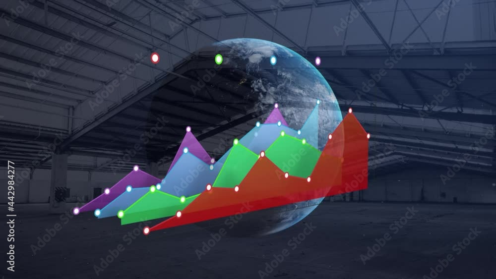 Poster animation of globe and statistics processing and warehouse