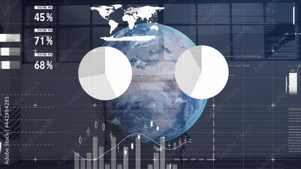 Poster animation of globe and statistics processing and warehouse