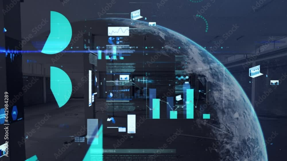 Poster animation of globe and statistics processing and warehouse