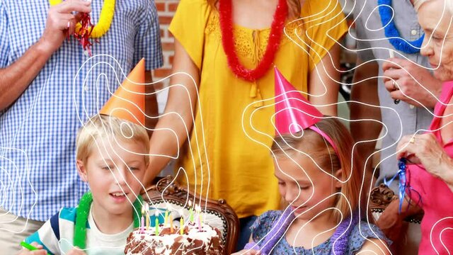Animation of white contour lines moving over happy multi generation family having birthday party