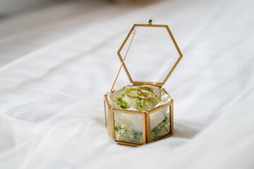 Wedding rings of the bride and groom in a elegant golden glass box lying on the bride's veil