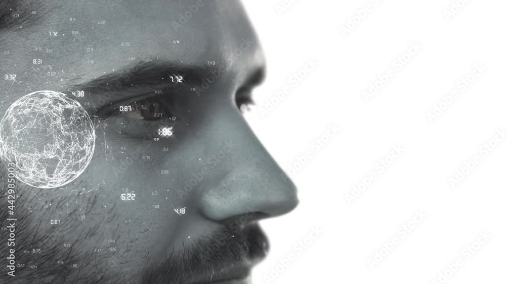 Poster animation of globe, scope scanning and data processing over man