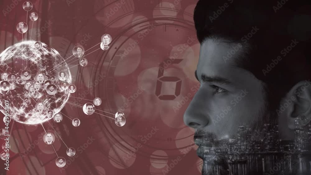 Poster animation of globe, scope scanning and data processing over man