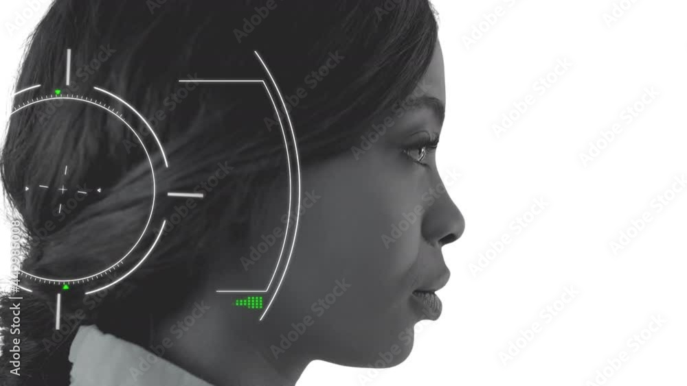 Poster animation of scope scanning and data processing over businesswoman