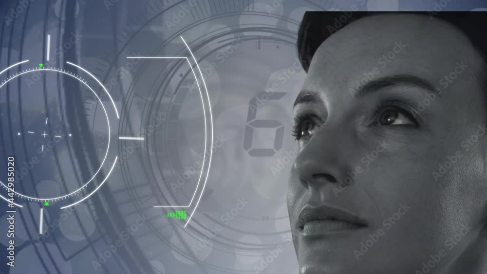Poster animation of scope scanning and data processing over woman