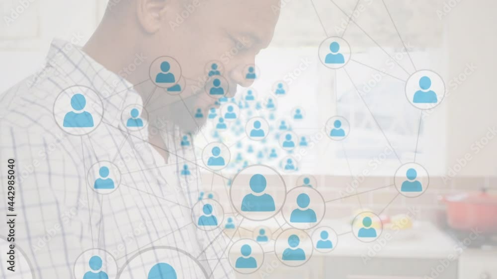 Poster animation of networks of connections with icons over man using smartphone