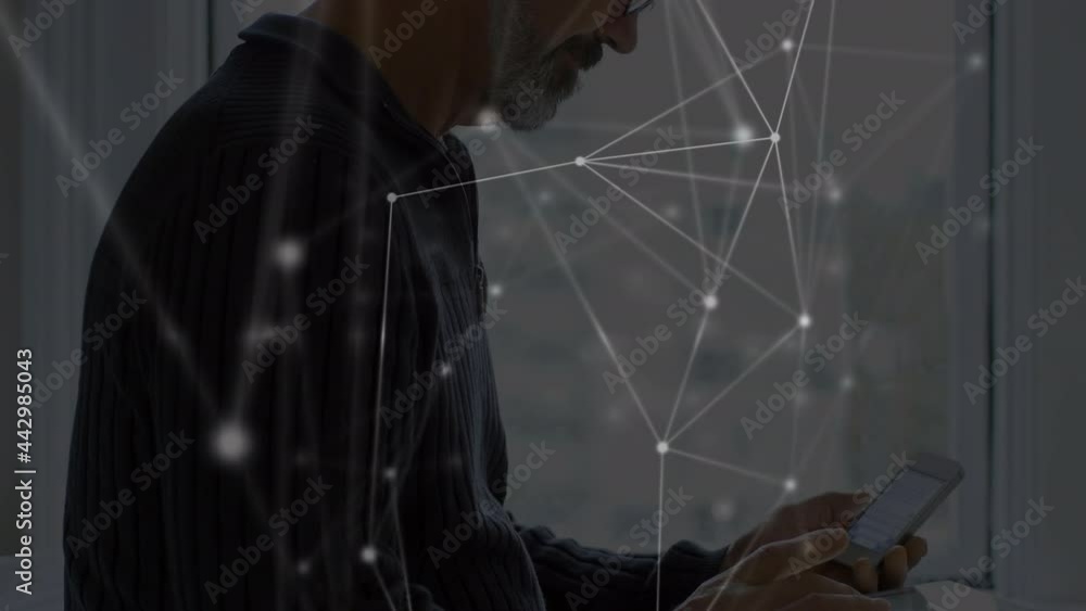 Poster animation of networks of connections with icons over man using smartphone