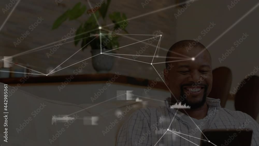 Poster animation of networks of connections with icons over man using smartphone