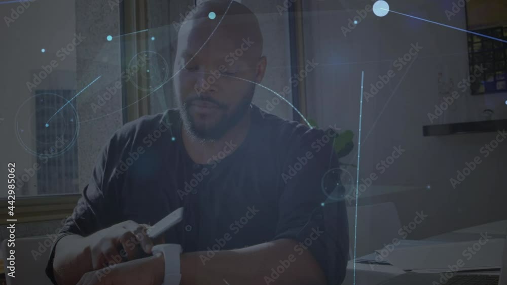 Poster animation of networks of connections with icons over man using smartphone