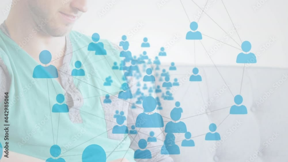 Poster animation of networks of connections with icons over man using smartphone