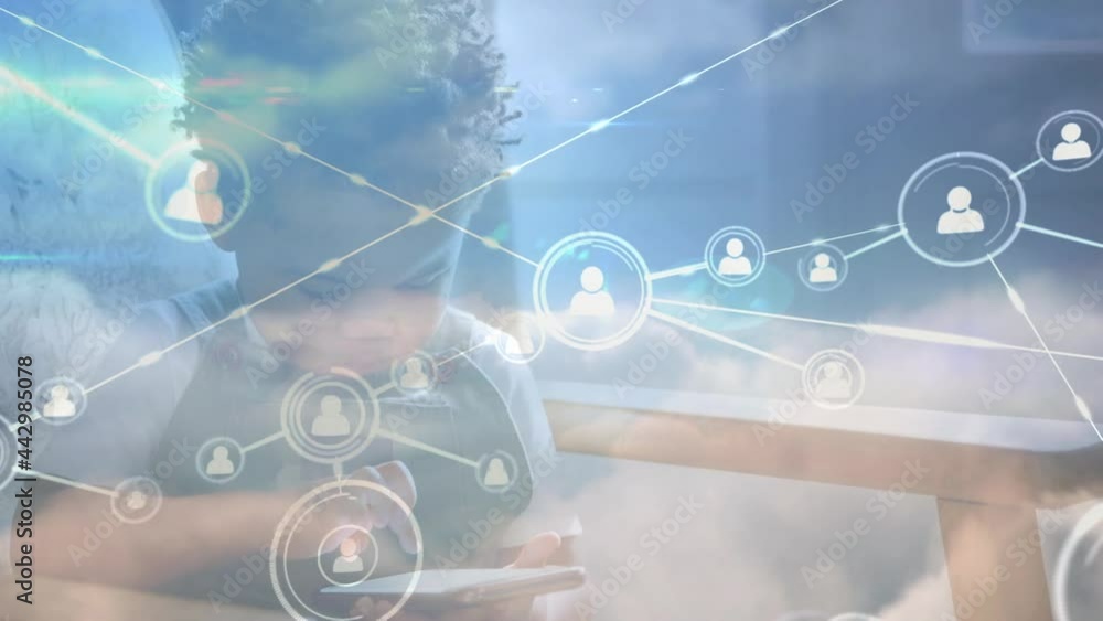 Poster animation of networks of connections with icons over child using smartphone