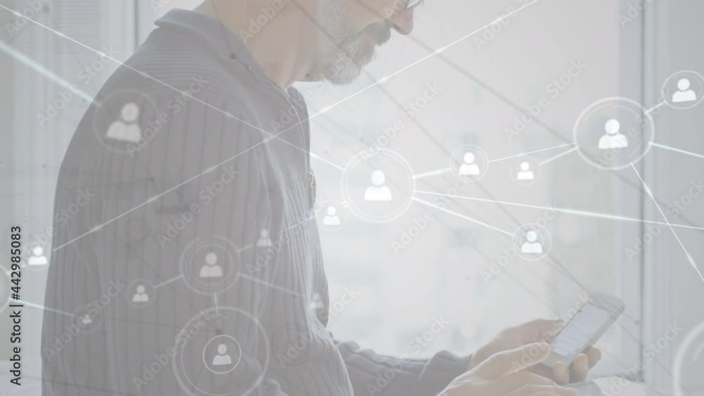 Poster animation of networks of connections with icons over man using smartphone