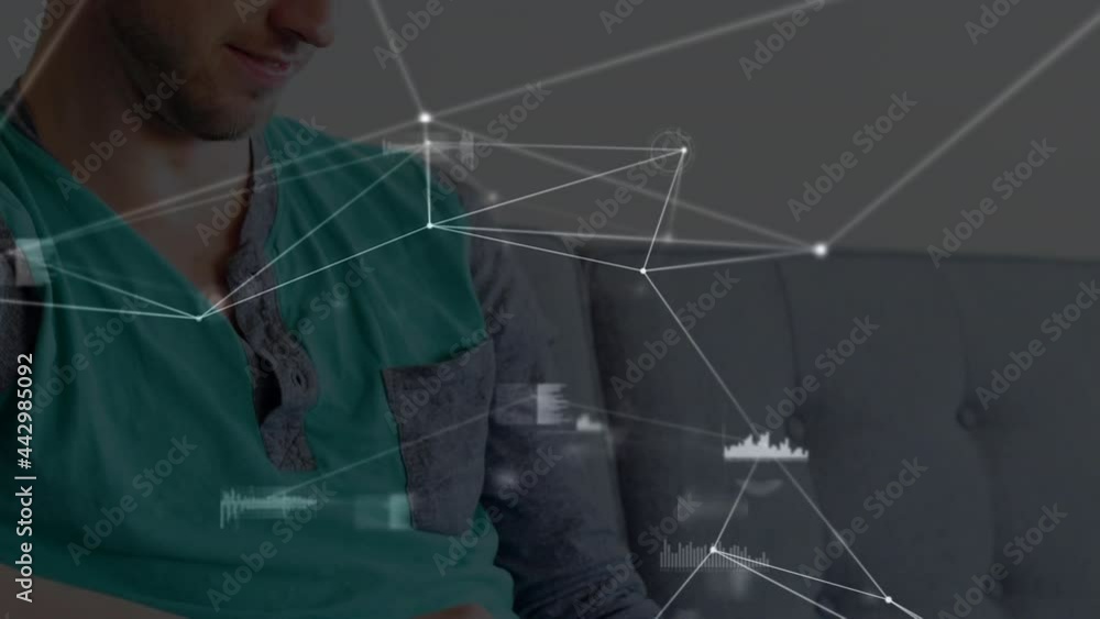 Poster Animation of networks of connections with icons over man using smartphone