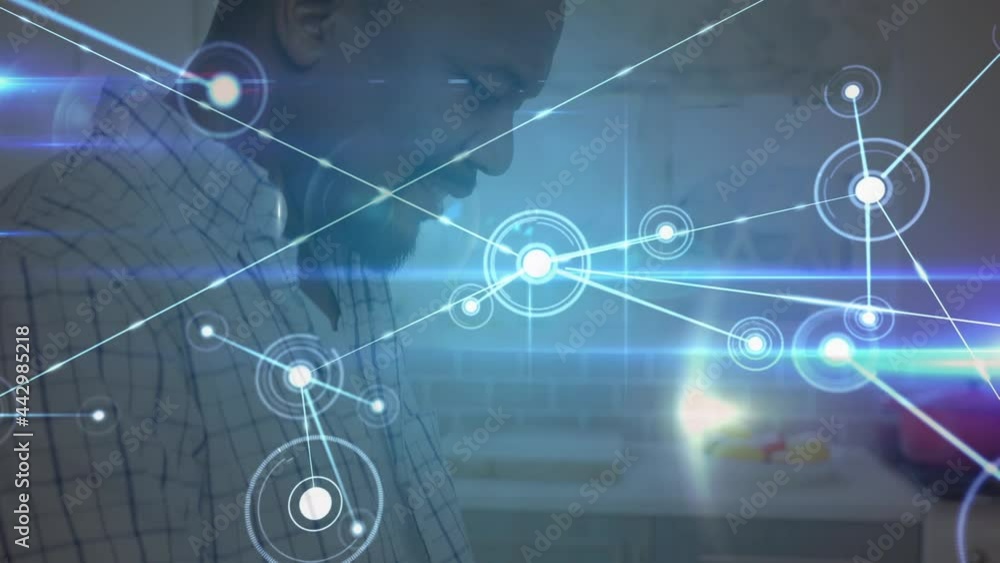 Poster animation of networks of connections with icons over man using tablet