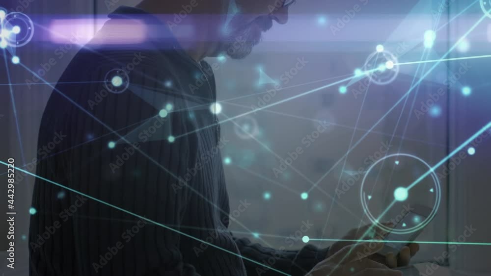 Poster animation of networks of connections with icons over man using smartphone