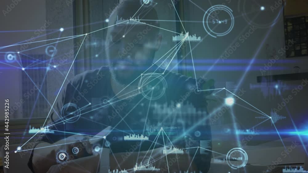 Poster animation of networks of connections with icons over man using smartphone