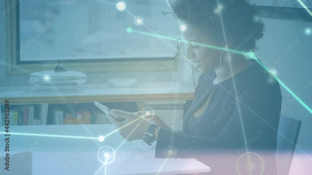 Poster animation of networks of connections with icons over woman using tablet