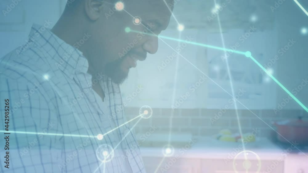 Poster animation of networks of connections with icons over man using tablet
