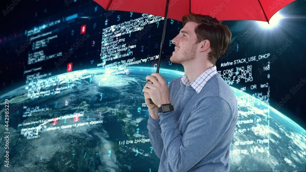 Poster animation of businessman with red umbrella, globe, digital icons and data processing on screens
