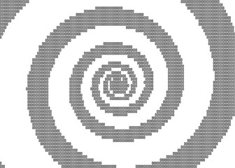 A black-and-white hypnotic spiral, made with ASCII characters (zeros).
