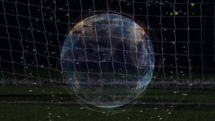 Animation of networks of connections and globe over football goalkeeper - Powered by Adobe