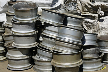 a scrap of old alloy wheels at the recycling company