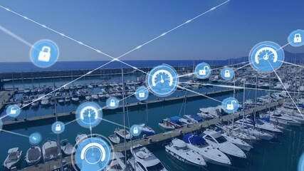 Animation of network of connections over marina - Powered by Adobe