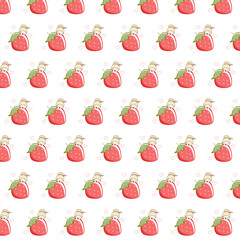 Illustration of a pattern. A little girl peeking out from behind a large strawberry berry . Pink background on the background of small white hearts.