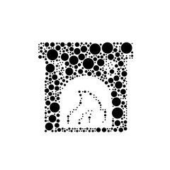 A large christmas fireplace symbol in the center made in pointillism style. The center symbol is filled with black circles of various sizes. Vector illustration on white background