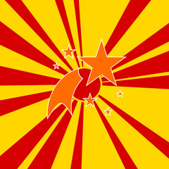 Fireworks symbol on a background of red flash explosion radial lines. The large orange symbol is located in the center of the sun, symbolizing the sunrise. Vector illustration on yellow background