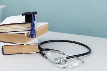 Medical education and healthcare theme. Stethoscope and graduation hat on stack of books