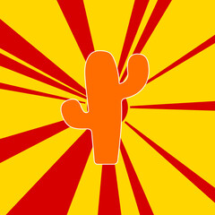 Cactus symbol on a background of red flash explosion radial lines. The large orange symbol is located in the center of the sun, symbolizing the sunrise. Vector illustration on yellow background