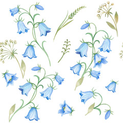 Fototapeta na wymiar Blue field wild flowers forest bells. Seamless pattern. Watercolor. Illustration. Template