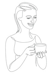 Silhouettes of a lady, she is holding a cup of coffee, tea in a modern one-line style. Solid line, aesthetic outline for home decor, posters, stickers, logo. Vector illustration.