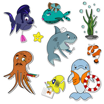 Stickers set underwater world. Cartoon animals of the ocean. Vector illustration. Cute sticker template decorated with a cartoon image. Stickers for notebooks, scrapbooking of for social netwoorks. 