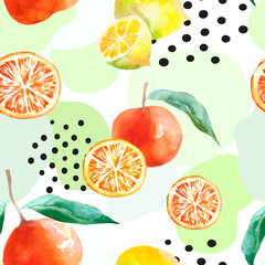 Fruits seamless pattern with mandarine and lemon watercolour. Hand drawn fruits watercolour. Food illustration on abstract background.