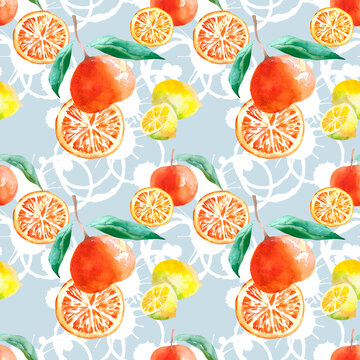 Fruits seamless pattern with mandarine and lemon watercolour. Hand drawn fruits watercolour. Food illustration on abstract background.