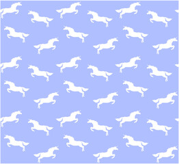 Vector seamless pattern of white flat jumping unicorn silhouette isolated on blue background
